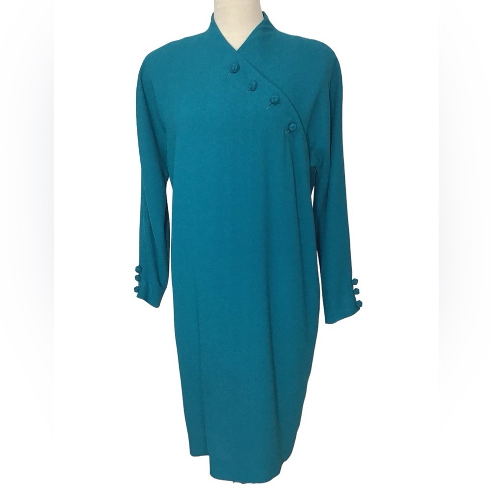 Jones New York Vintage Teal Asian Inspired Mandarin Collar Dress Women’s…
